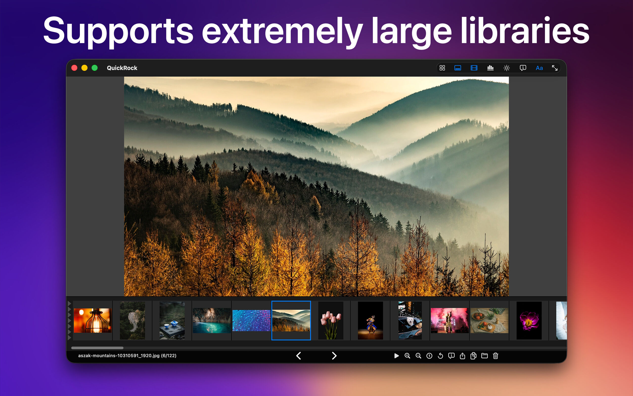 Supports extremely large libraries — QuickRock main viewer with filmstrip