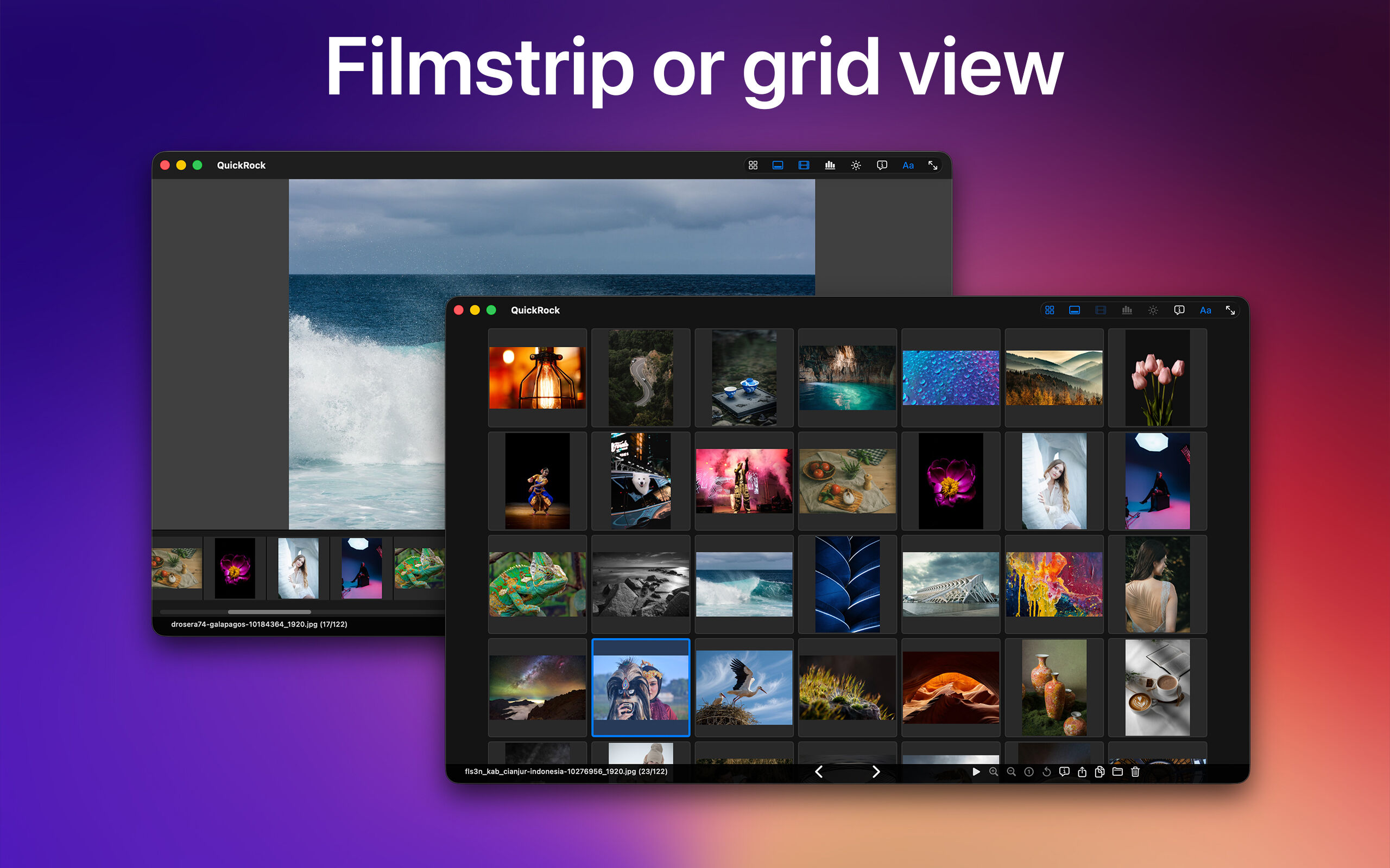 Filmstrip or grid view — two QuickRock windows side by side