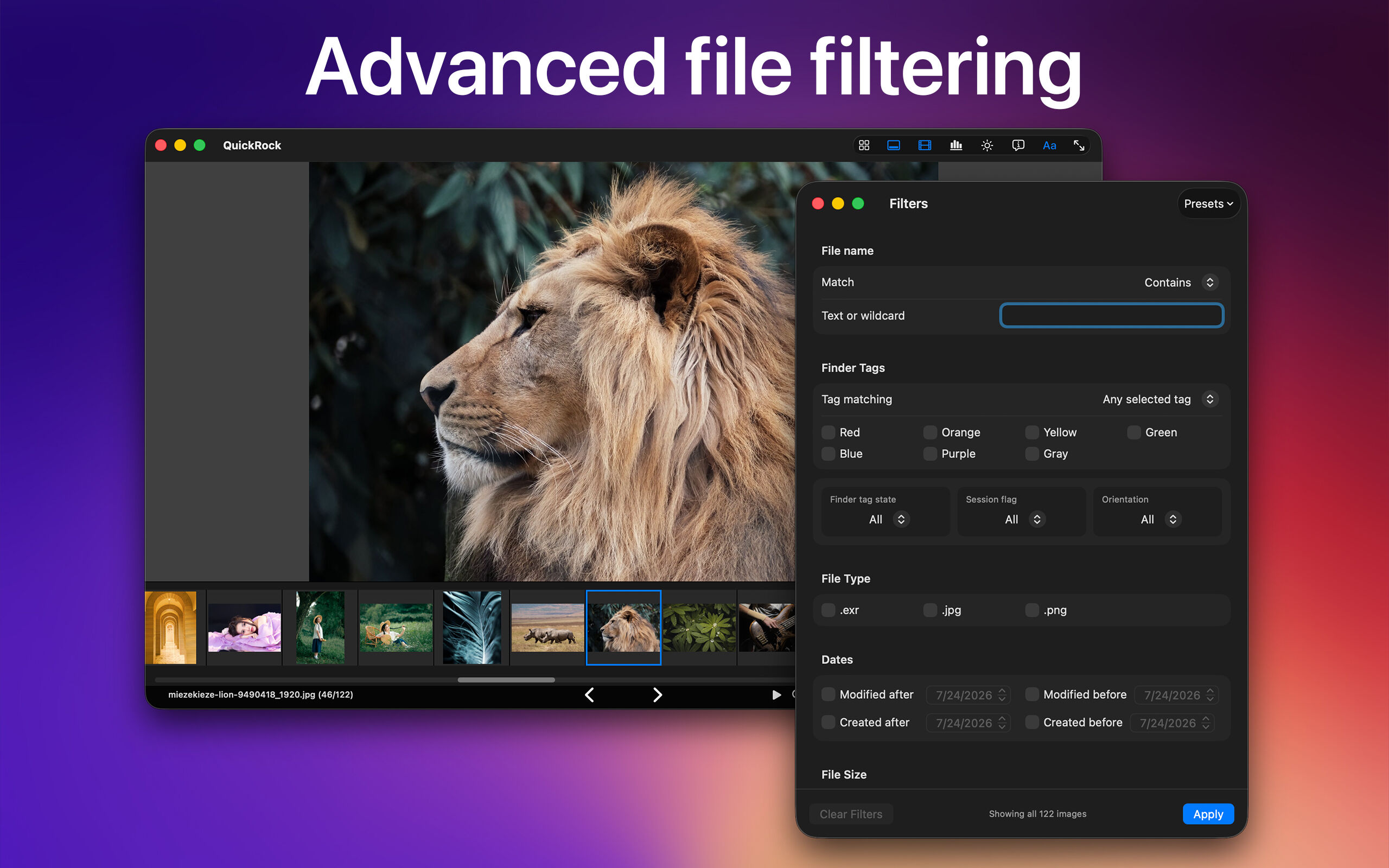 Advanced file filtering — filter panel with tag, type, date, and size options