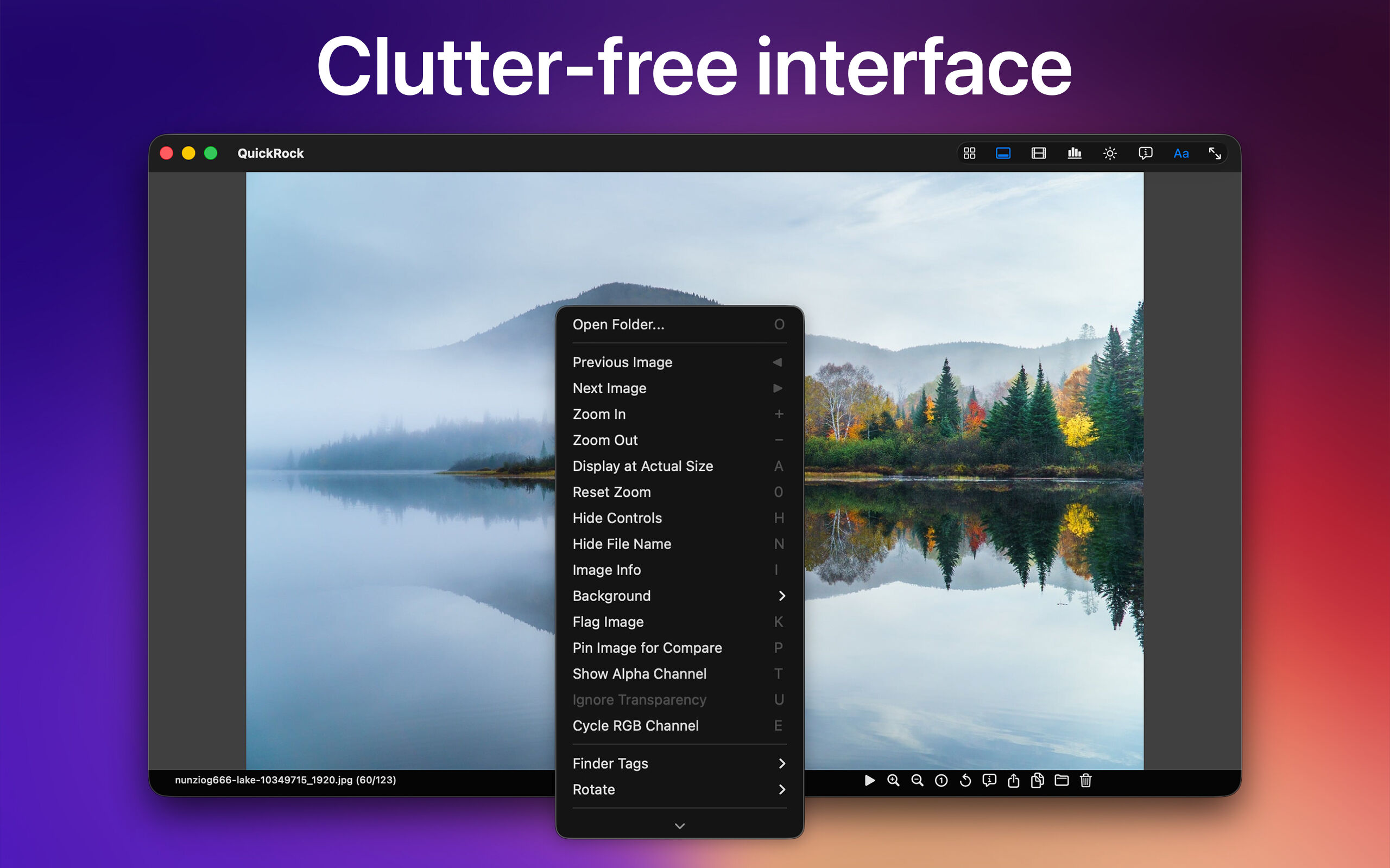 Clutter-free interface — context menu over lake landscape
