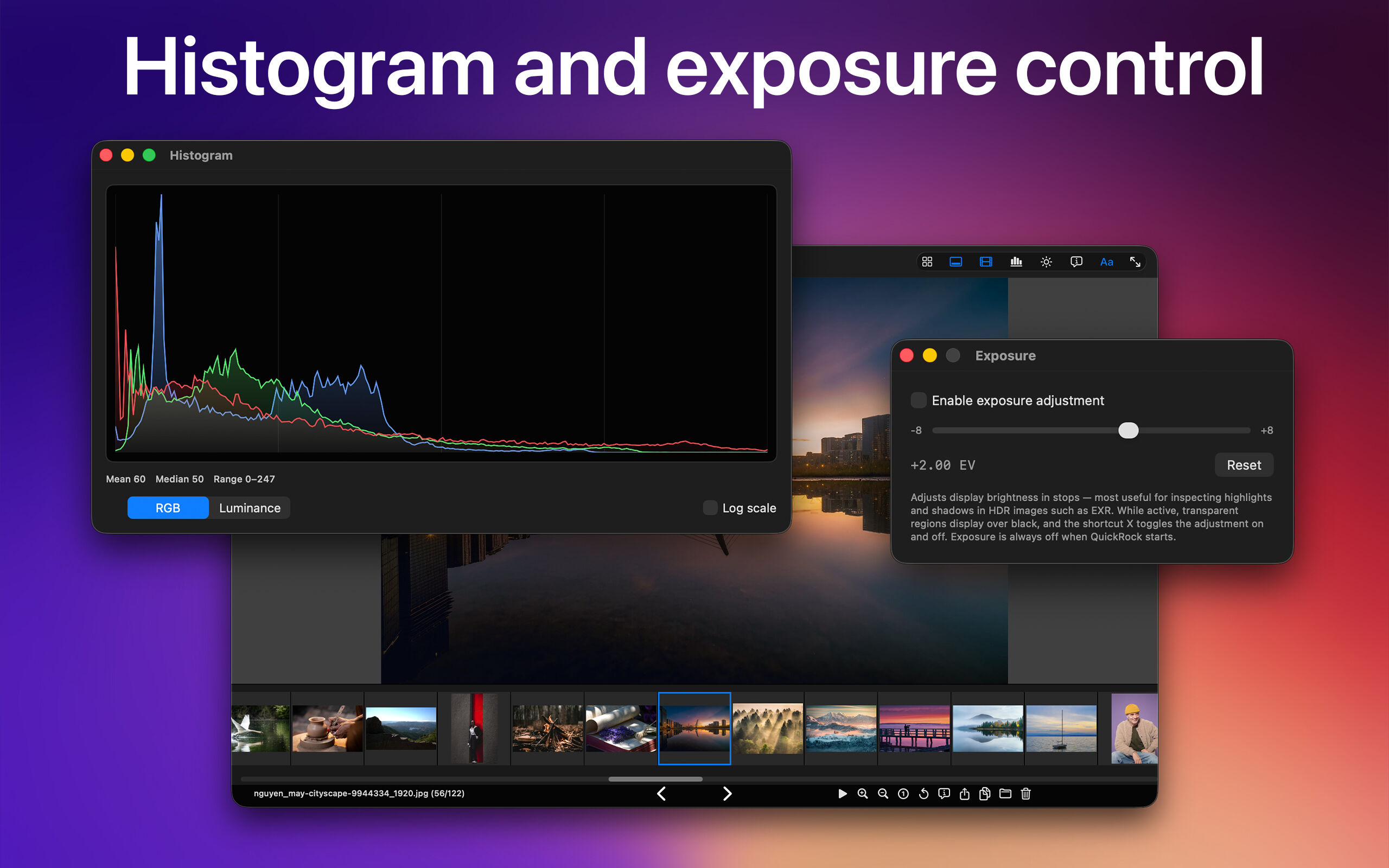 Histogram and exposure control — RGB histogram and EV adjustment panel