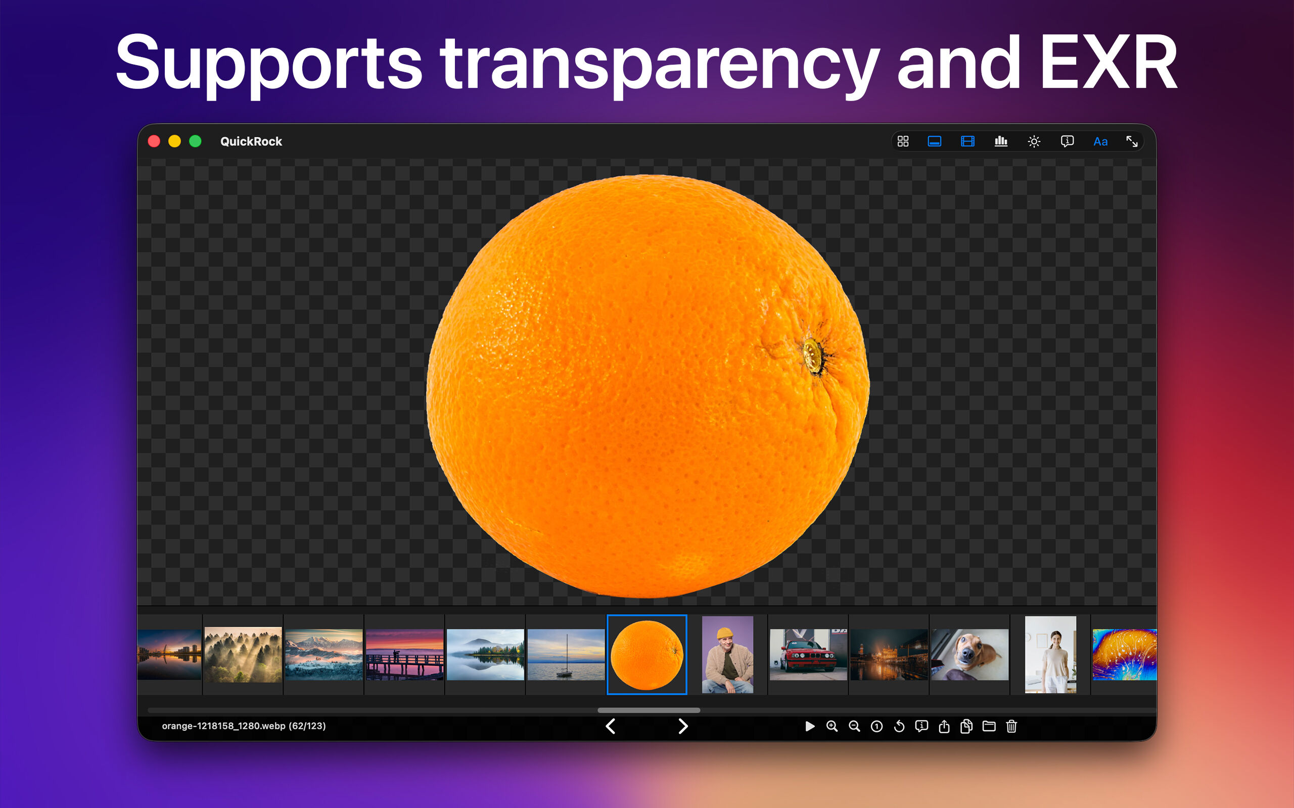Supports transparency and EXR — orange on checkerboard background