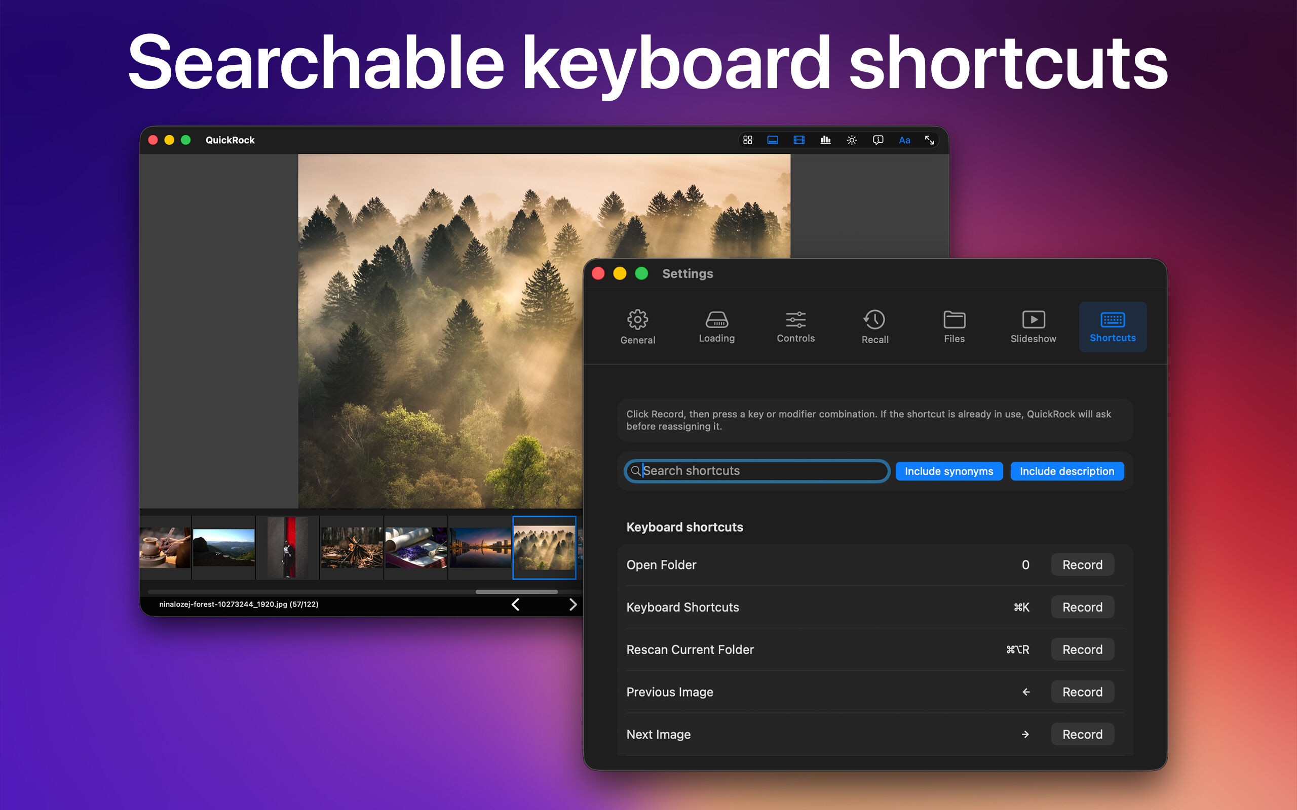 Searchable keyboard shortcuts — Settings panel open to Shortcuts tab