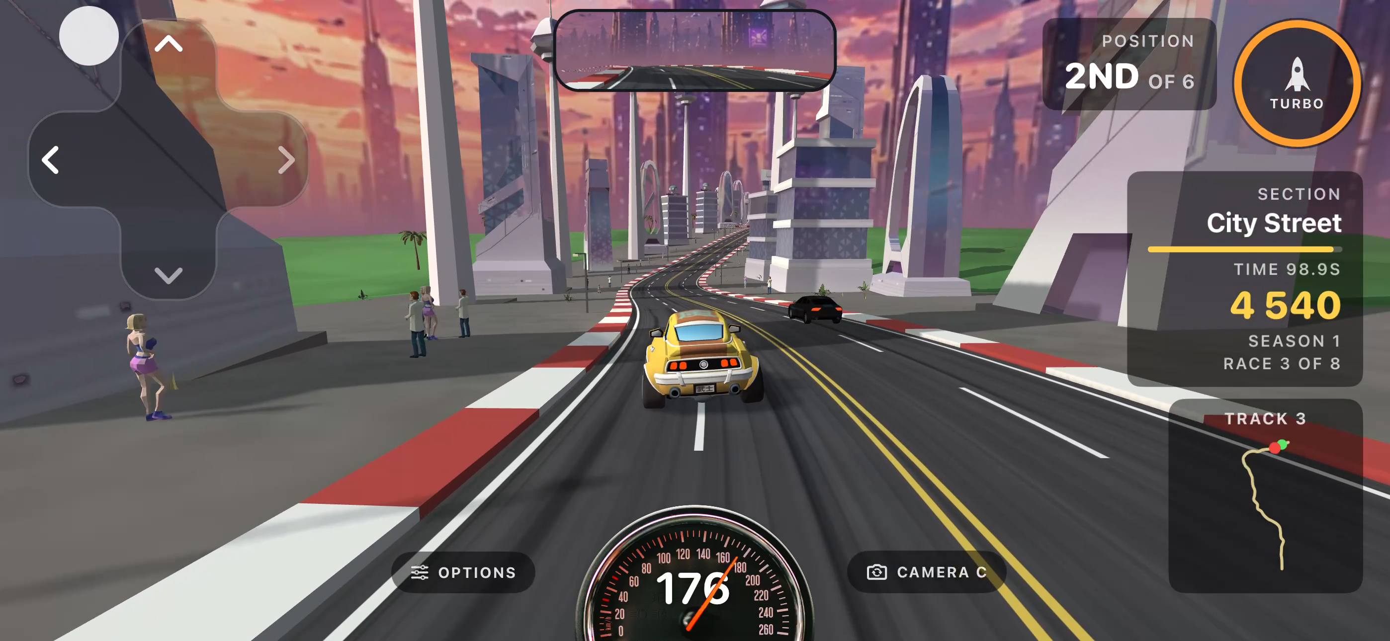 Speeding down City Street between gleaming sci-fi towers
