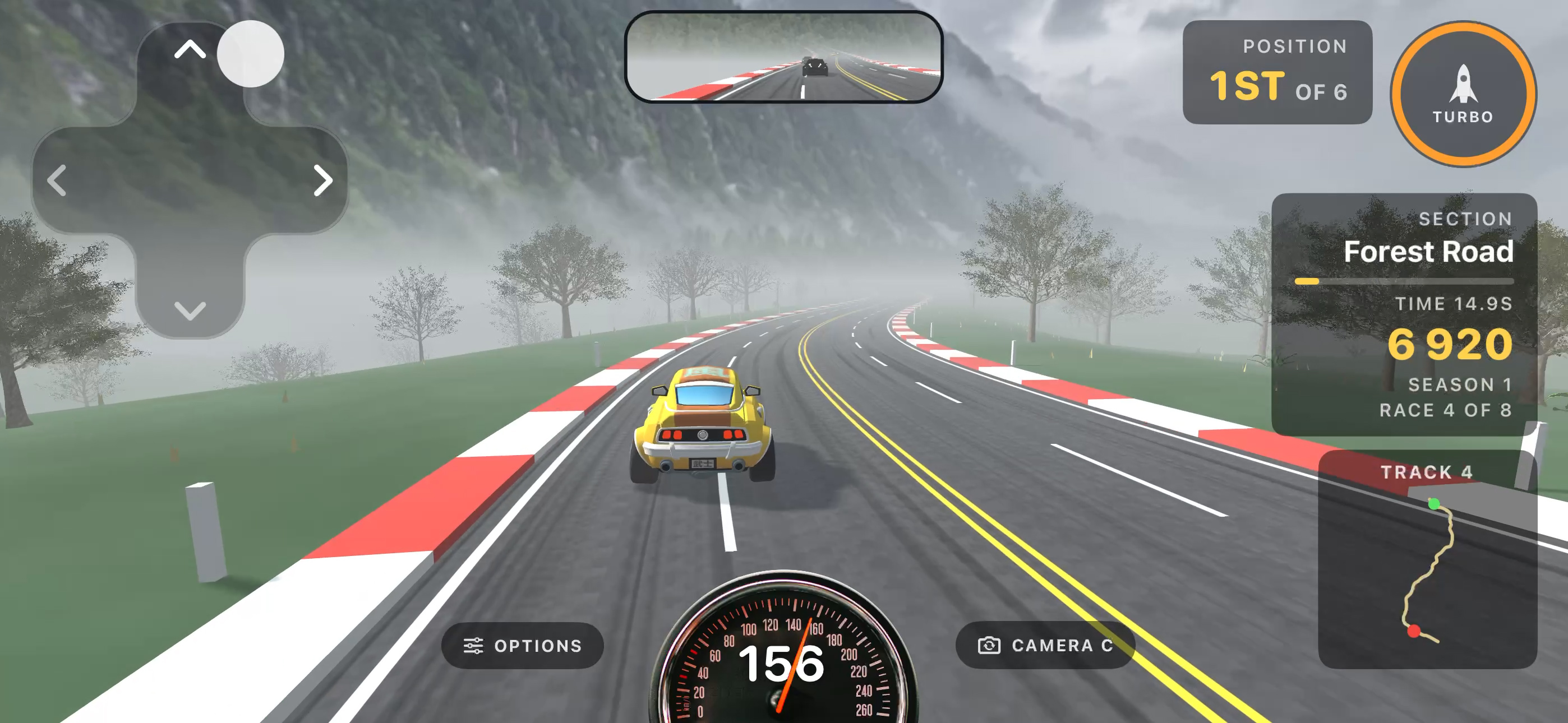 Leading the field through the misty Forest Road