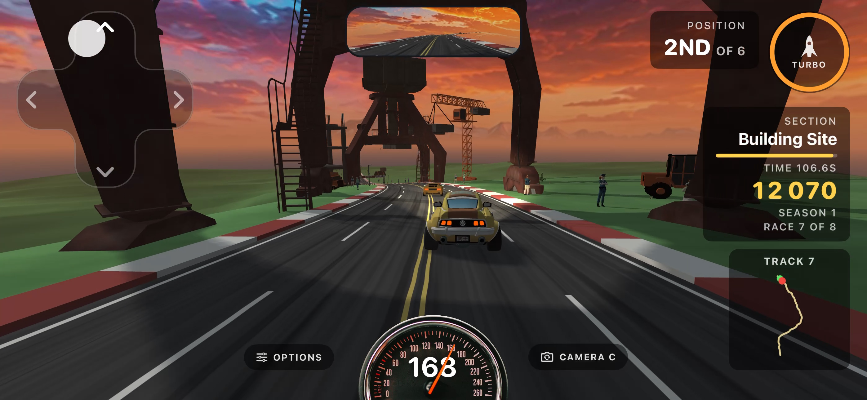 Racing under giant port cranes at a Building Site at sunset