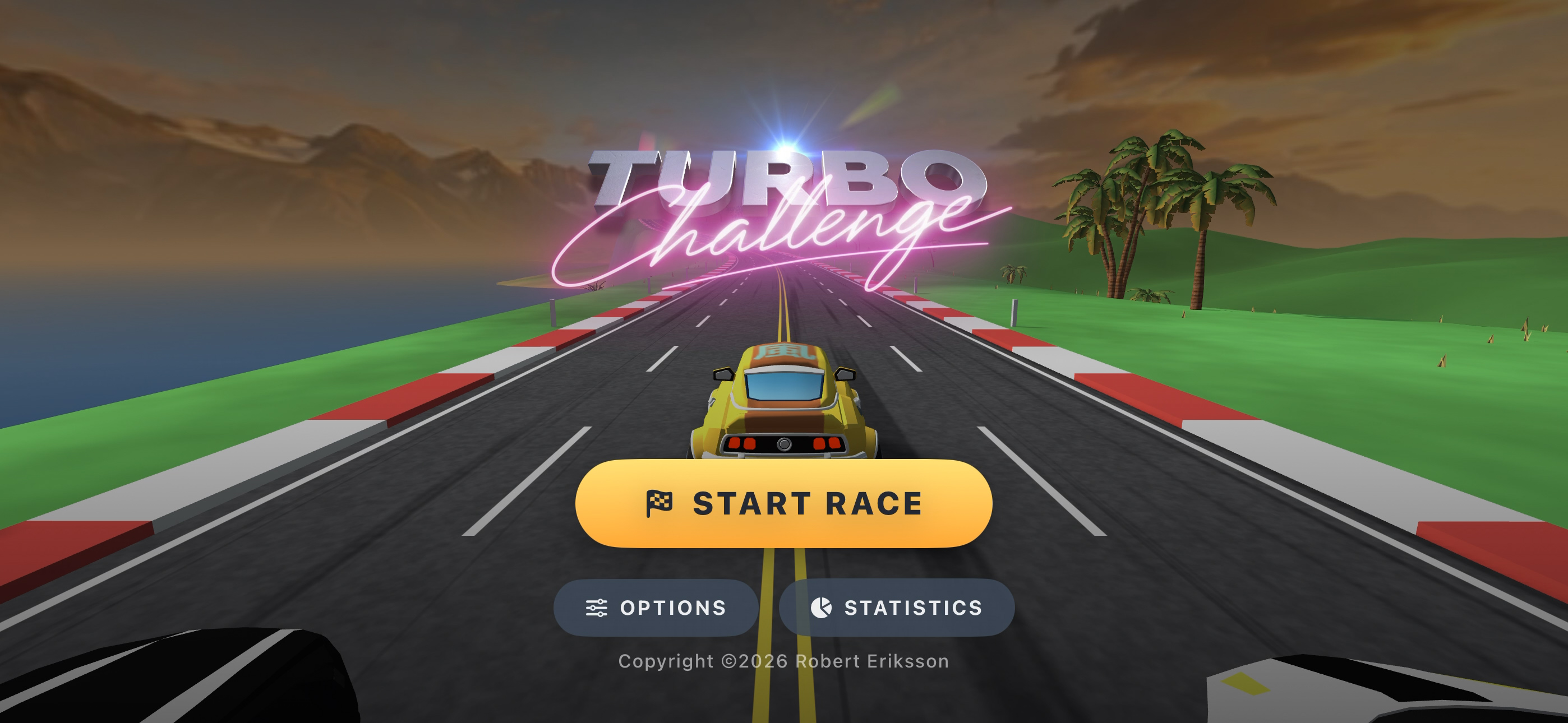 The Turbo Challenge title screen on a golden-hour coastline